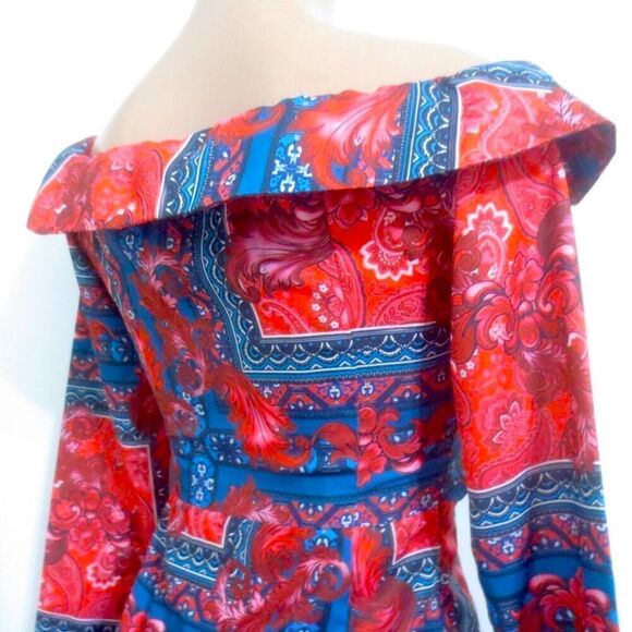 PrettyLittleThing Multi Paisley Bardot Knot Detail Blazer Dress NWT - Picture 9 of 12